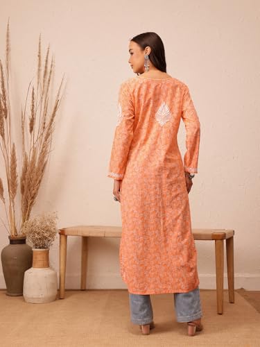 Image of Ada Women's Cotton Straight Fit Straight Hand Embroidered Lucknowi Chikankari Kurta Kurti A411378