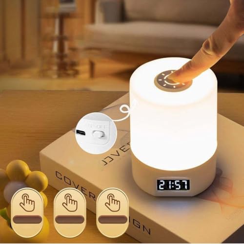 Image of One94Store LED Touch Table Lamp with Built-in Clock & Alarm - Rechargeable Oval-Shaped, Dimmable 3-Color Night Light with Time Setting Option at Back for Bedroom, Office & Home Decor
