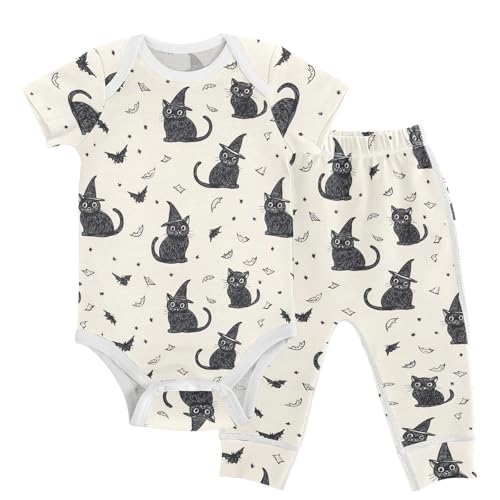 vvfelixl Unisex Short Sleeve Baby Pants Sets,Cartoon Witch‘s Kitten Baby Bodysuits Set,Babys Layette Sets Clothes for 18-24M
