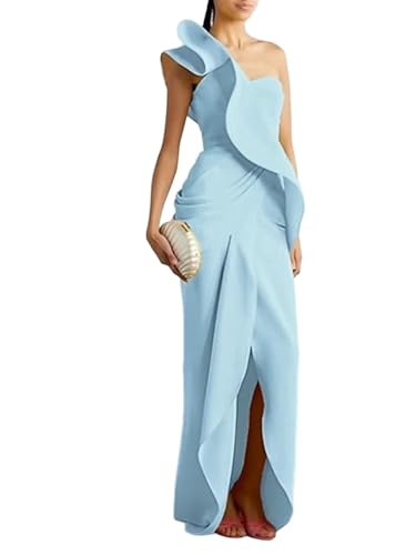 BHYCXAH Luxury Sculpted Ruffle One-Shoulder Evening Gown High-Slit Satin Maxi Dress Sky Blue