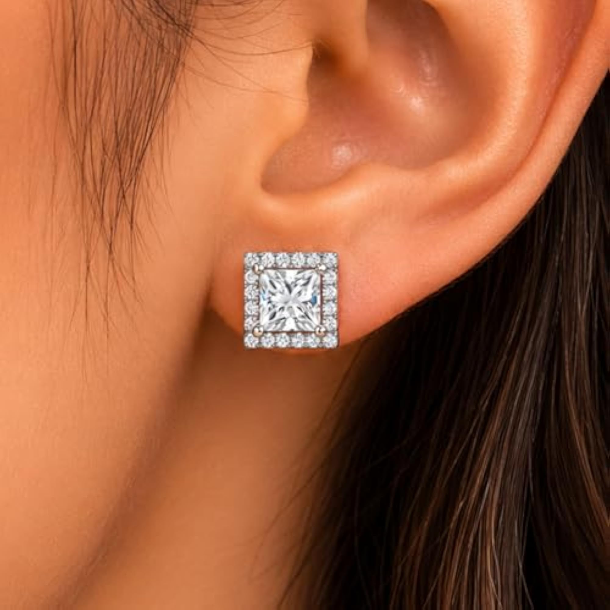 Women's 925 Sterling Silver Princess Cut Halo Stud Earrings
