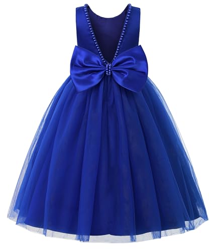 JerrisApparel Flower Girl Dress Sleeveless Tulle Skirt Pearl Trim Back Bow Wedding Party Gown