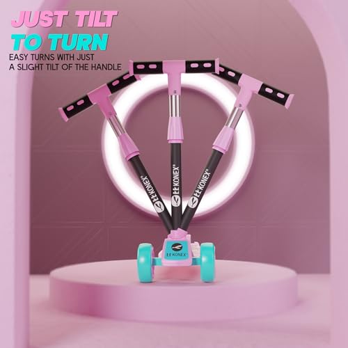 Image of Konex Kick Scooter for Kids (2+ Years) | 3 Broad Rubber Wheels for Smooth Ride | 4-Level Height Adjustable Handle | Foldable & Portable with Back Brake (Pink-Sea Green, ECO)