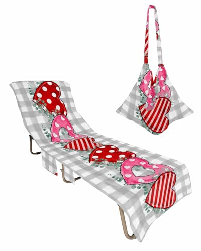 Pink Red Love Heart Valentine Beach Lounge Chair Towel Cover, Soft Chaise Lounge Towel with Side Pockets Patio Pool Chairs Cover for Beach/Pool Sunbathing 29x85 Eucalyptus Leaves Gray Plaid