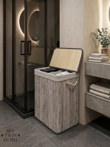 Çamaşır Sepeti, Bambu Kapaklı Çift Bölmeli, Gri, İç Astarlı