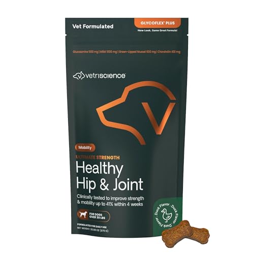 VetriScience Ultimate Strength Healthy Hip & Joint Chews, GlycoFlex Glucosamine, Chondroitin and Green-Lipped Mussel Joint Support Supplement for Dogs, Soothe Joint Discomfort, Duck, 120 Count