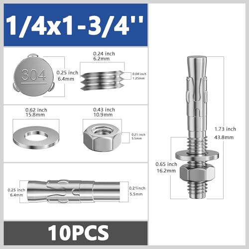 10pcs 14x1-34 inch standard fasteners for heavy-duty 304 stainless steel wedge anchors for cement and concrete