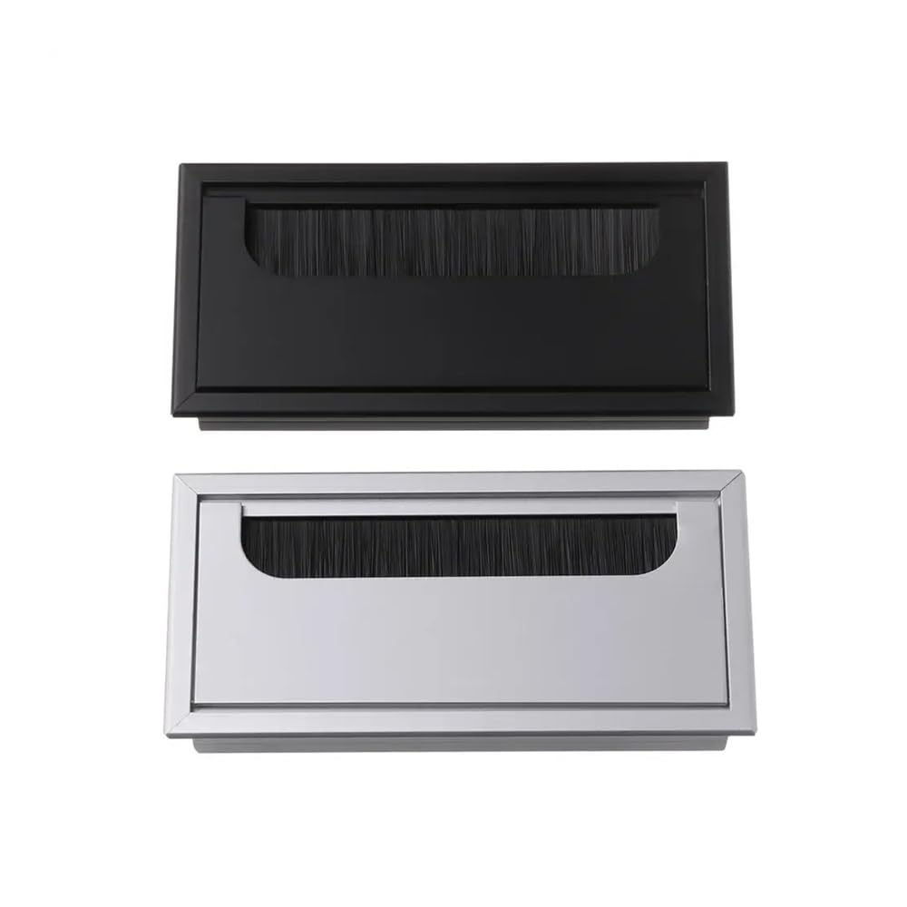 Przepusty kablowe do biurka， Biurko PC ze stopu aluminium Prostokątny drut Przelotka na kabel Stół biurowy Pokrywa otworu Port wyjściowy z czarną szczotką(Black,80x160mm)