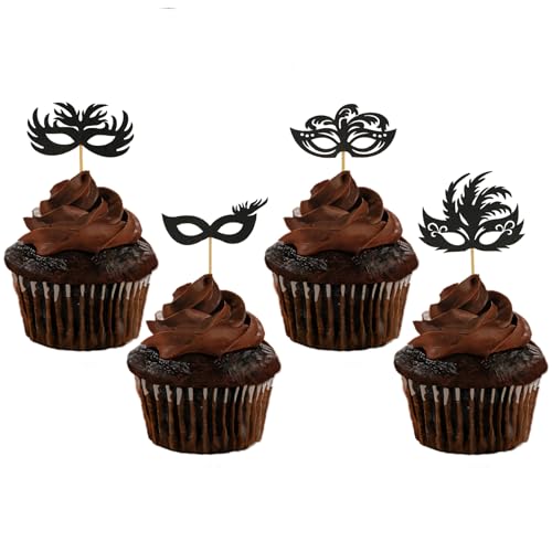 Generic 24 PCS Black Masquerade Masks, 4 Styles, Cupcake Toppers for Masquerade Party, Carnival, Bachelorette, Birthday Decor