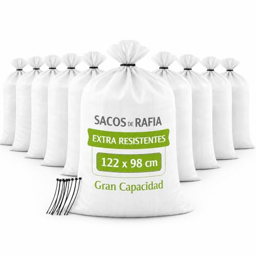 Sacos para Escombros 122x98 cm de Rafia PP Blanca Extra Resistentes – 10 Sacos de Construcción Grandes para Jardín, Obras y Residuos – Alta Capacidad y Durabilidad – 10 Bridas de Cierre Incluidas