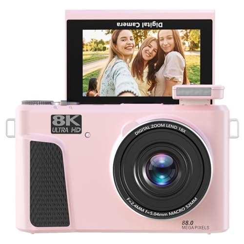 MENDUNER 8K Tragbare Digitalkamera, 2025 Neueste Autofokus Vlogging Kamera für Video, 3 Zoll 180 ° Flip Screen Reisekameras, 18x Zoom Anti Shake 88MP Kameras für Männer Frauen (PINK)