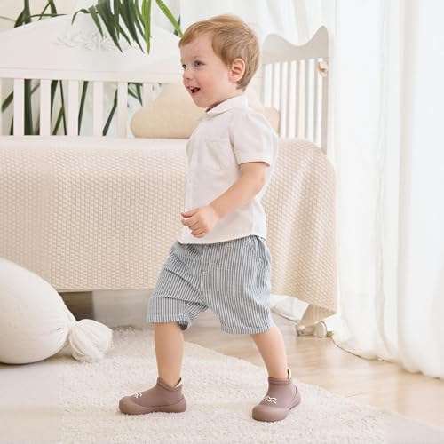 Bearbay Baby Sock Shoes Baby Walking Shoes Infant Non-Slip Breathable Slippers with Soft Rubber Sole Baby Boys Girls Sneakers Khaki Waves 12-18 Months