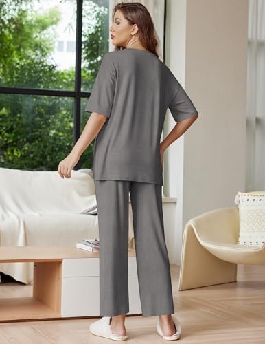 Image of Ekouaer Lounge Sets for Women Short Sleeve Tops and Long Pants Soft Comfy Pajamas Set 2 Piece Outfits