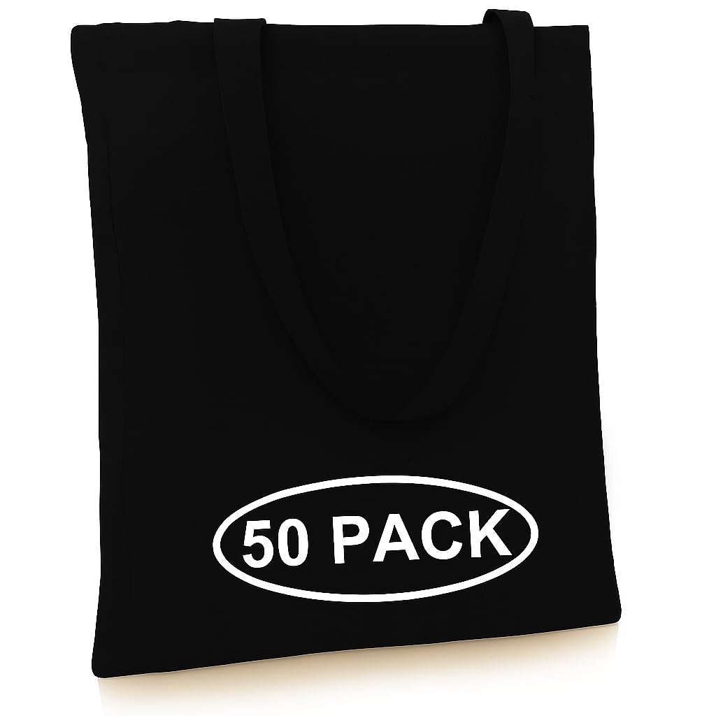 Simply Cool 50-Pack Black Canvas Tote Bags Bulk - Lightweight, Medium Reusable Grocery Shopping Cloth Bags for Advertising, DIY Projects, Crafts, Painting, Embroidery, Custom Logo