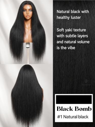 Image of Sunber Glueless 13x4 Layered Cut Yaki Straight Wig Human Hair with Elastic Drawstring, Pre Cut HD Lace Front Wig Pre Plucked Bleached Knots, Ready to Wear Long Straight Wig 150% Density 16 Inch
