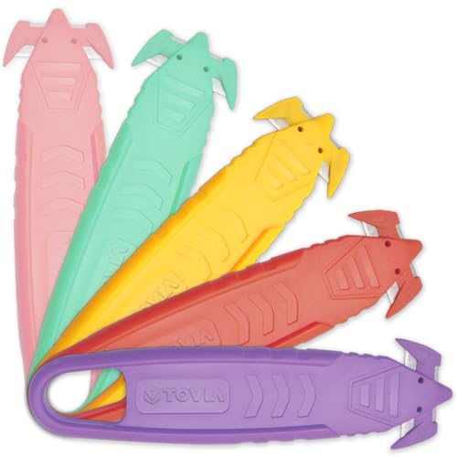 T TOVIA Safety Box Cutter Knife of Recessed Concealed Stainless Steel Blade Package Opener Plastic Cutter for Box Carton Shrink Wrap Plastic Straps 5pcs 5colors