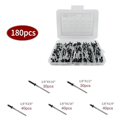 Image of 180Pcs Black 1 /8 Inches Pop Rivets Assortment Kit,5 Sizes Aluminum Rivets,Aluminum blind pro Rivets for DIY /Metal /Furniture /Instruments