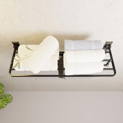 Image of MIORAH 24 Inch Foldable Aluminum Towel Rack for Bathroom - Wall Mounted Double-Tier Towel Holder with Rod & Hooks | Rustproof