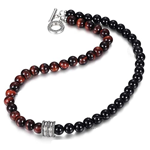 8mm Natural Stone Tiger Eyes Lava Bead Necklace - Stainless Steel Beaded Charm Choker - Fashion Male Jewelry - 18/20-inch Length 337A1 (03 Red Tiger Eyes-18inch 45cm)