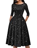 Bridesmay Women's Sequin 3/4 Long Sleeve Cocktail Party Dress with Pockets, Midi A-Line Black Dresses for Funeral Black XL