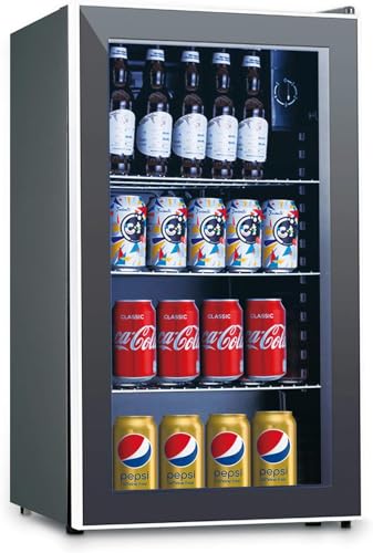 130 Can Beverage Fridge and Cooler, Mini Refrigerator with Glass Door, Beverage Cooler with Display Front and Adjustable Shelves, Mini Fridge for Home,Office,Bar.