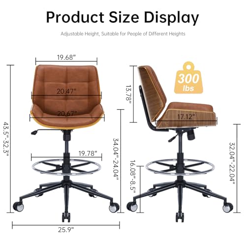Image of Drafting Office Chair Ergonomic Executive Computer Standing Desk Chair with Adjustable Height and Footrest Ring, Drafting Chair for Counter Height Desk and Drawing (Brown)