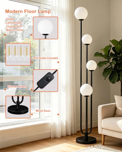 Image of Lightdot Gold Globe Floor Lamp 4-Lights Dimmable Floor Lamps with 3000K Bulbs Included Unique Mid Century Modern Tall Standing Lamp with 5Lbs Heavy Base for Living Room /Bedroom /Sofa Beside