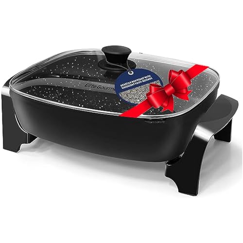 Elite Gourmet EG-6203# Extra Deep 16"x13"x3.2" (10.5Qt.) Scratch Resistant, Easy Pour Spout Dishwasher Safe, Non-stick Electric Skillet with Glass Vented Lid, Adjustable Temperature, Black