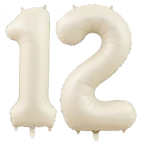 Image of Cream Number 12 Balloons,40 Inch 12 Balloons Giant Helium Foil Mylar Beige 12 Balloon Number for Birthday Party Anniversary Decorations
