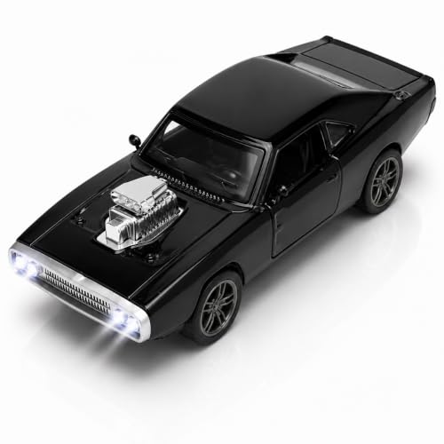 Image of 1970 Dodge Charger Fast & Furious - 1:36 Scale Die-Cast Alloy Toy Car for Kids | Pull-Back Model with Openable Doors, LED Lights & Engine Sounds (Black)
