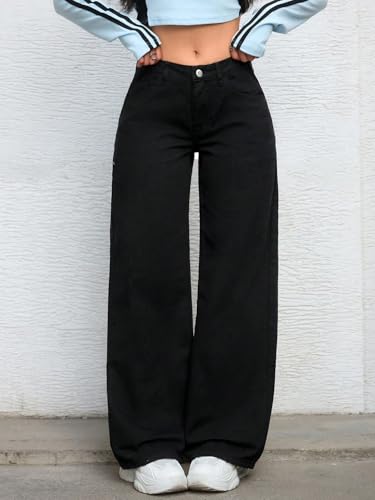 Image of Shasmi Women's Black Wide Leg Baggy Jeans High Waist Relaxed Fit Denim Pants - Loose Straight Fit Korean Style Oversized Casual Jean for Womens (Jeans 294)