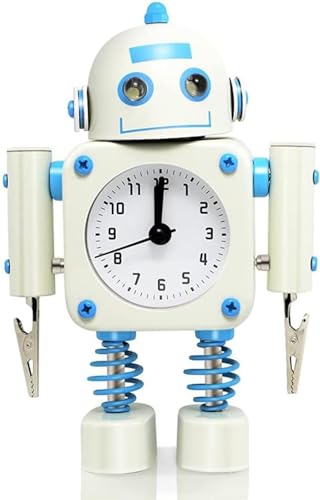音と光でお知らせ 目覚まし時計 めざまし時計 非カチカチ ロボット ステンレス メタル - ウェイクアップクロック 点滅 アイライト と ハンドクリップ付き ホワイト(クリップ状)