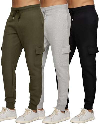 PURE CHAMP Mens 3 Pack Fleece Active Athletic Workout Jogger Sweatpants for Men with Zipper Pocket and Drawstring Size S-3XL, Set8, Medium