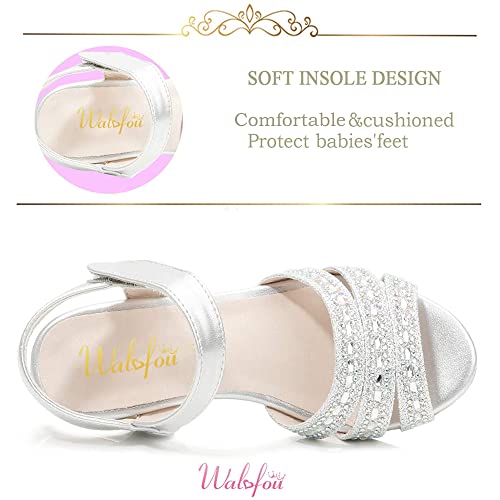 Walofou Girl Princess Sandals Toddler Girl Low Heel Wedding Party School Cosplay Pearl Sequins Silver Heels Cute Flower Sandals For Little Kids Big Kids (08 Silver 1) #TOP2