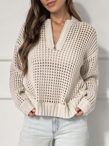 Women's Crochet Quarter Zip Sweater Hollow Out Long Sleeve Knit Pullover Knitted Sweater Tops2