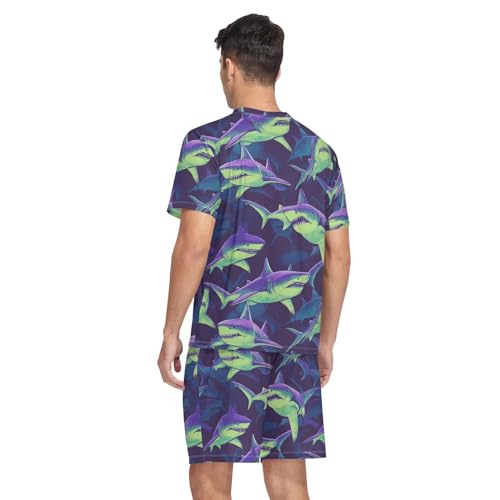 Shark Animal Men’s Pajama Sets Short Sleeve Lounge Wear with Elastic Waistband and Drawstring2