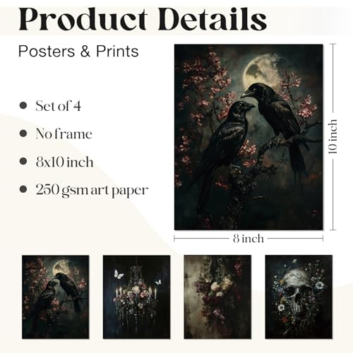 Image of WEFKODO Vintage Dark Academia Gothic Wall Decor, Vintage Moody Gothic Wall Art for Home Bedroom Bathroom Living Room Dorm College, Crow Skull Flower Goth Room Decor Posters Prints 4Pcs, 8x10 Unframed