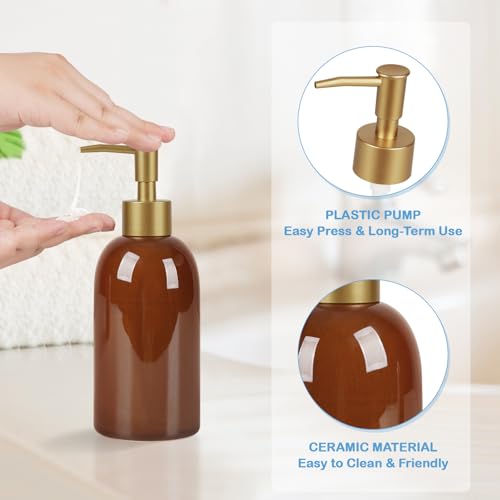 Image of Natheeph 14OZ Ceramic Soap Dispenser Can Fill Liquid for Bathroom, Kitchen | Refillable Hand Soap Dish Soap,Detergent for Kitchen, Bathroom, Soap Pump Dispenser Bottle, Ceramic (Amber)