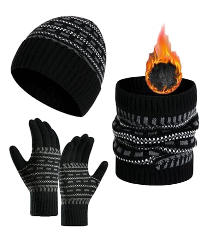 JFAN Set de Bufanda Gorro de Punto y Guantes Hombres Mujeres Conjunto Sombreros de Forro Polar con Cuello Guantes Invierno Cálido 3 Piezas Negro