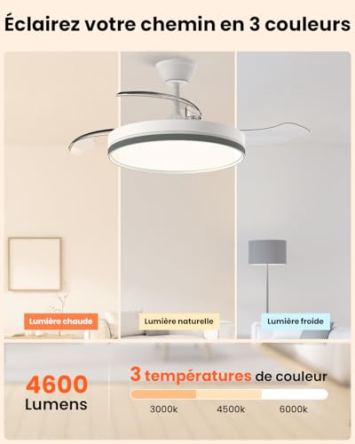 Ventilateur plafond avec lumière rétractable Airwit 106cm à télécommande - 5