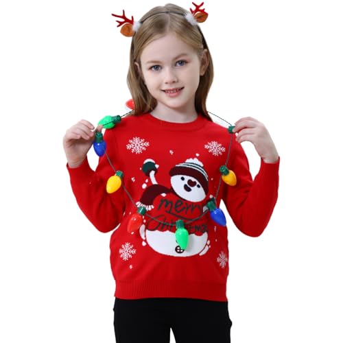 Image of Light Up Ugly Christmas Sweater Kids Girls Boys Snowman Reindeer Xmas Holiday LED Pullover Sweater 2-9 Yeas Old