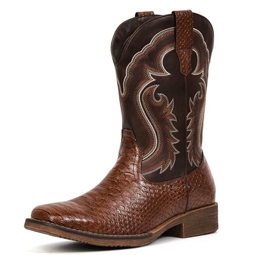 IUV Cowboy Boots for Men Faux Snake Skin Embroidered Western Boots Slip Resistant Square Toe Pull on Mid Calf Cowboy Boot