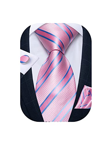 Image of DiBanGu Striped Tie Set for Men Silk Woven Plaid Necktie and Pocket Square Cufflinks Business Wedding