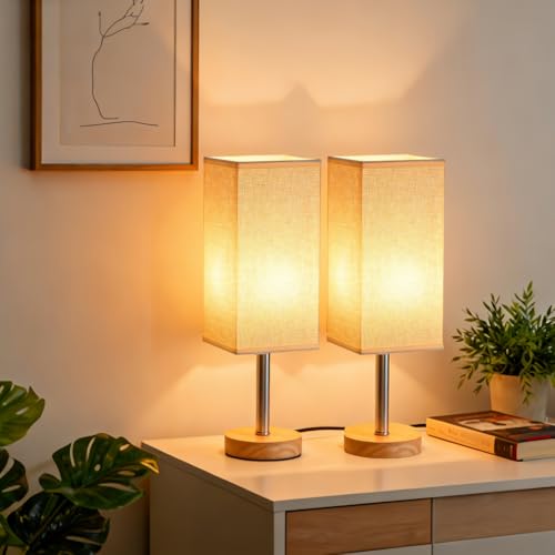 2 Pcs Bedside Lamps, 3000K Warm Light Small Table Lamps, Table Lamp for Living Room Bedroom, Wooden Base Linen Fabric Shade, for Bedroom Kids Room Living Room Nightstand Home Office, On-Off Switch