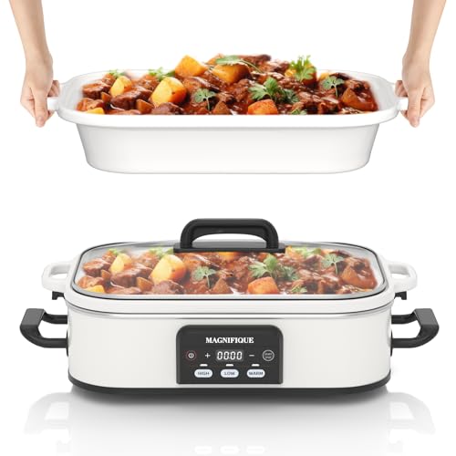 4 Quart Casserole Programmable Slow Cooker with Ceramic Baking Dish - Perfect Kitchen Small Appliance for Family Dinners, Oven Safe and Durable Bakeware for Lasagna, Roasts (White)