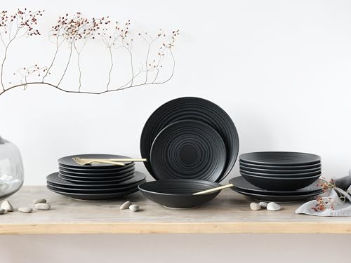 CreaTable, 20569, Serie Lava Stone Black, 18-teiliges Geschirrset für 6 Personen, Teller Set aus Steinzeug, spülmaschinen- und mikrowellengeeignet, Made in Portugal