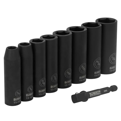 DEWALT Impact Socket Set 3/8 Drive 9 Pcs Standard SAE Deep Socket Set 6 point 5/16 Inch to 3/4 Inch Includes 1/4 inch Adapter (DWAFSFSET9)