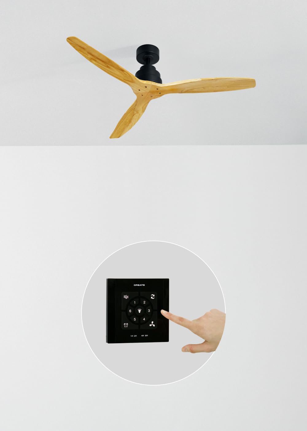 CREATE / WINDSTYLANCE NATURAL WOOD/Ventilador de techo negro aspas madera natural con controlador y mando / 40W, Temporizador, Ø132 cm, 6 velocidades, verano-invierno, doble altura