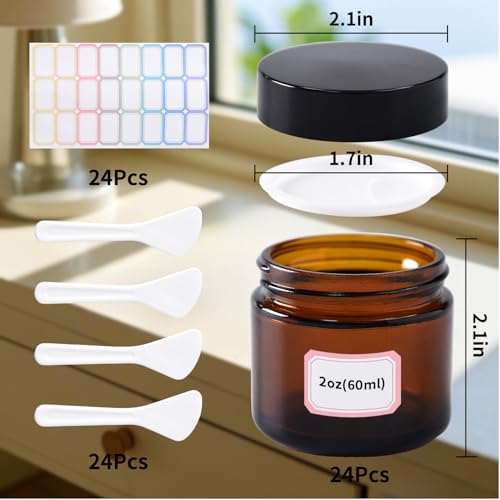 2 oz Amber Glass Jars with Lids,24 Pack 2oz Glass Jar with Inner Liners,2 Ounce Small Jars for Cream,Lotion2