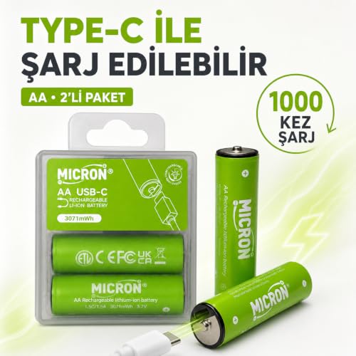Kalem — AA Şarj Edilebilir Pil 1.5V 1000 Döngü USB Type-C Girişli AA Pil 2'li